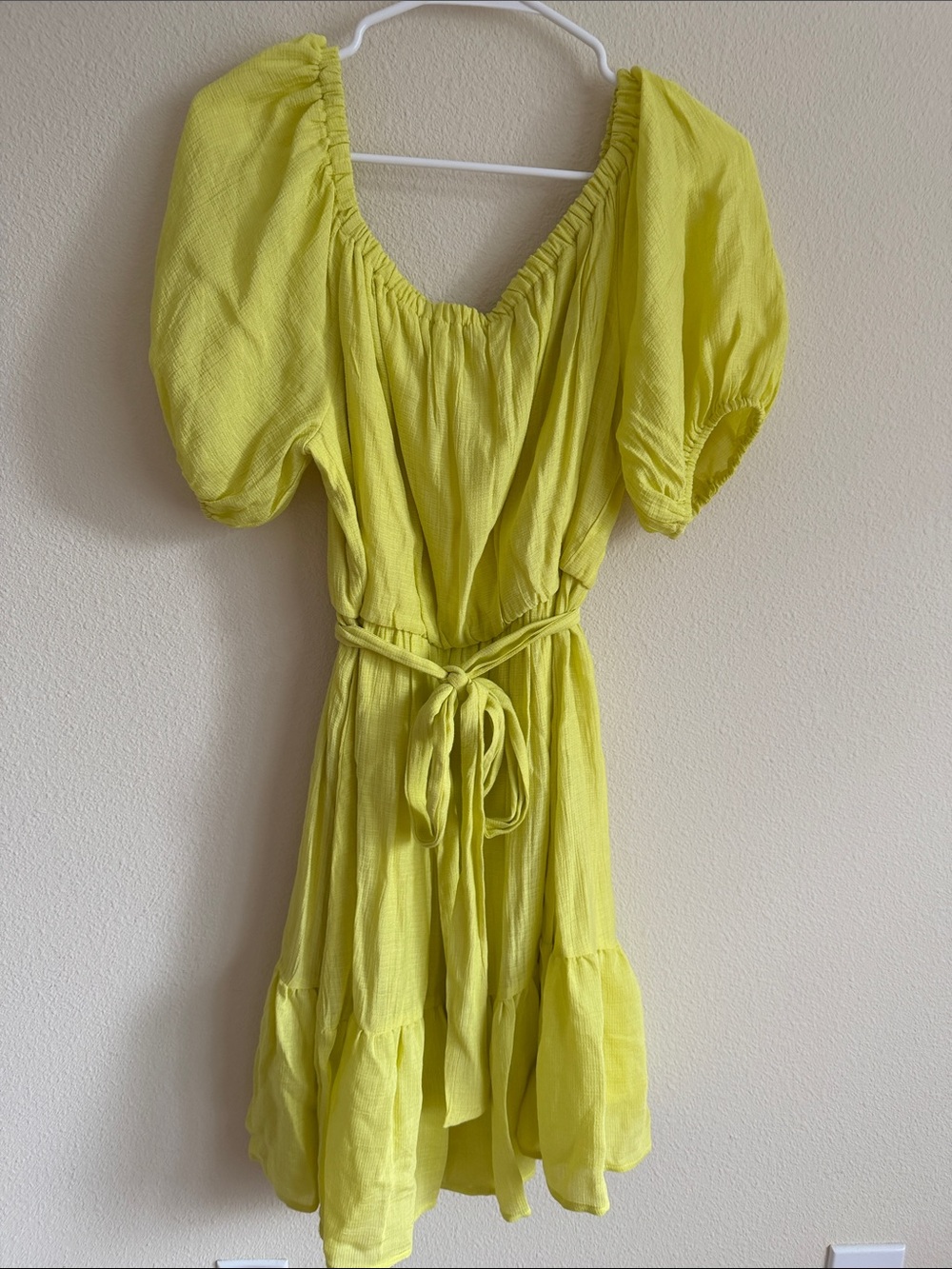 All in Favor Lemon-Lime Puff Sleeve Tie-Waist Mini Dress